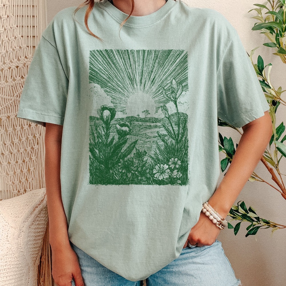 Sunrise Landscape Graphic Tee with Wildflowers Line Art Design